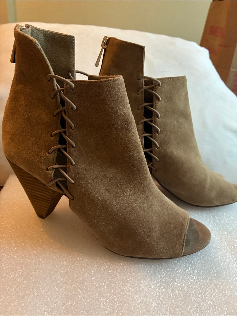 Vince Camuto Taupe Suede Lace-Up Peep-Toe Ankle Booties